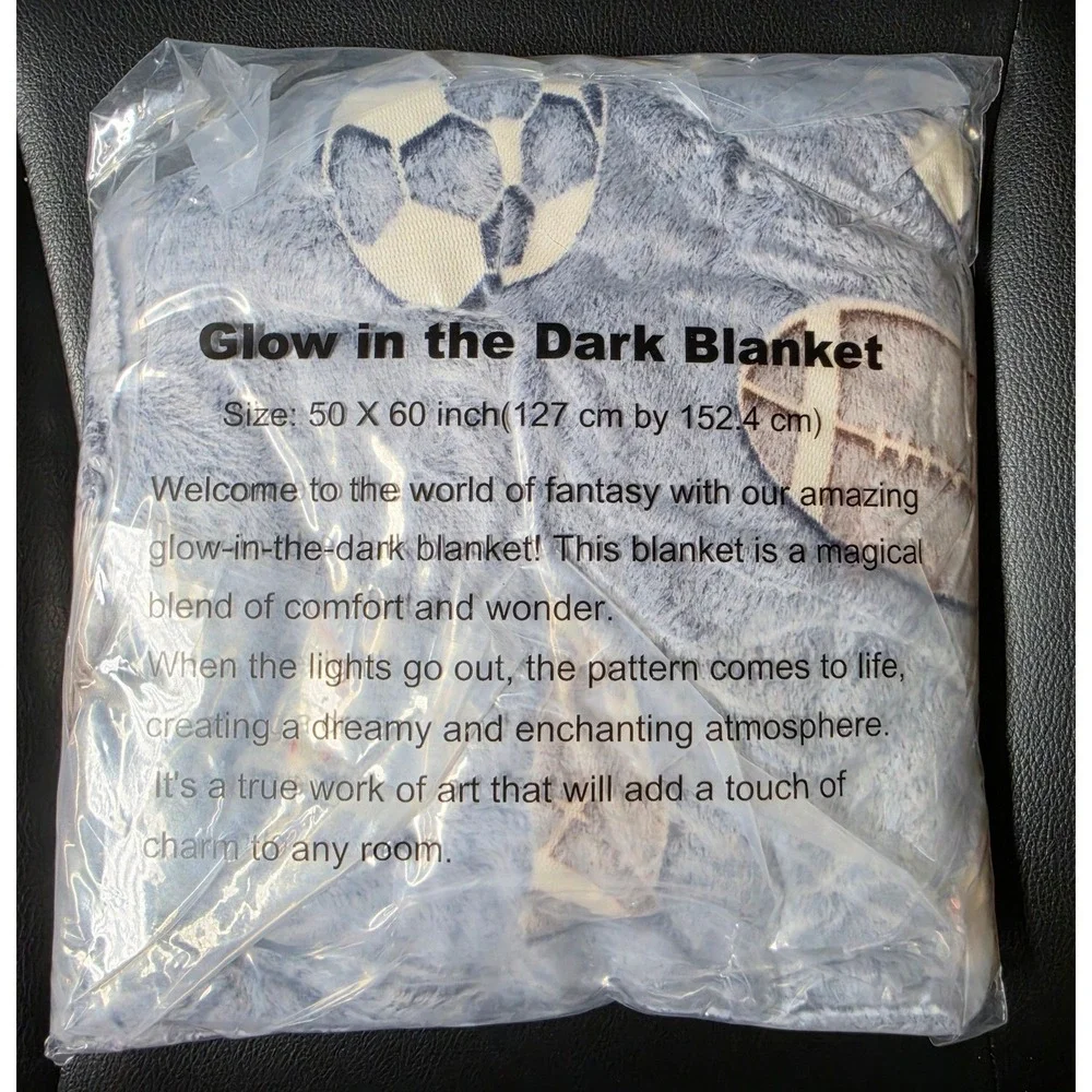 NEW Soccer Football Baseball Glow in the Dark Throw Blanket, Size 50in. x 60in.
